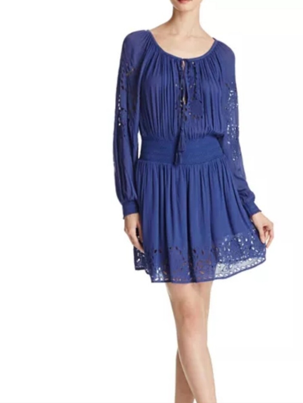 Alice + Olivia Brenda Eyelet Smocked Mini Dress Blue Rayon Tassel Size 12 Boho